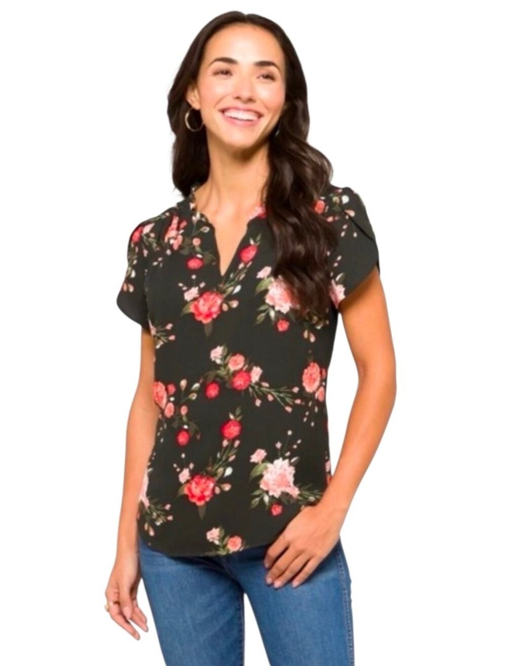 41 Hawthorn Black Floral Short Sleeve V-Neck Blouse